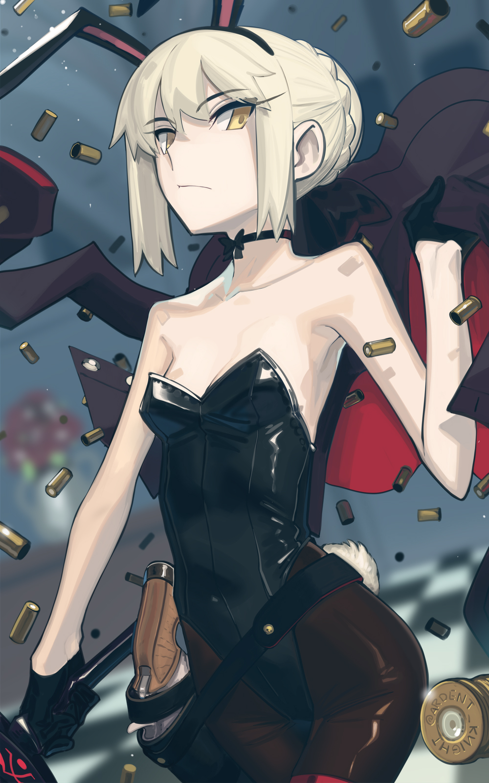 1girl animal_ears artoria_pendragon_(fate) bare_shoulders belt black_gloves black_jacket black_leotard black_ribbon blonde_hair boa_(brianoa) braid breasts brown_pantyhose choker collarbone covered_navel excalibur_morgan_(fate) fake_animal_ears fate/stay_night fate_(series) french_braid gloves gun hair_bun hair_ribbon highres jacket leotard long_hair looking_at_viewer pantyhose playboy_bunny rabbit_ears rabbit_tail ribbon saber_alter shell_casing sidelocks small_breasts solo sword tail unworn_jacket weapon yellow_eyes