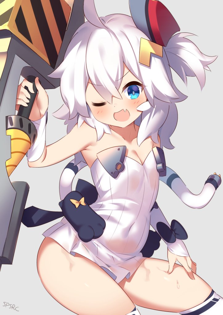 1girl ;d ahoge azur_lane bangs bare_shoulders black_bow blue_eyes blush bow breasts cleavage collarbone commentary_request covered_navel detached_sleeves dress eyebrows_visible_through_hair fang grey_background hair_between_eyes hand_on_thigh headgear holding holding_weapon long_hair long_sleeves looking_at_viewer one_eye_closed one_side_up open_mouth ribbed_dress signature silver_hair simple_background sitting sleeves_past_wrists small_breasts smile solo strapless strapless_dress sweat takashiru thighhighs universal_bullin_(azur_lane) weapon white_dress white_legwear white_sleeves