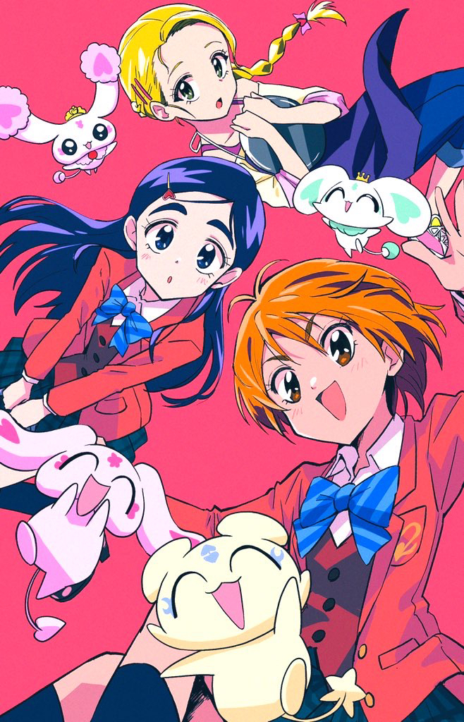 3girls :o apron black_skirt black_socks blazer blonde_hair blue_bow blue_bowtie blue_eyes blue_hair blue_pants bow bowtie braid braided_ponytail brown_eyes brown_hair casual commentary dress_shirt floating futari_wa_precure futari_wa_precure_max_heart hair_ornament hair_ribbon hairpin holding holding_tray jacket kujou_hikari long_hair long_sleeves looking_at_viewer lulun mepple miniskirt mipple misumi_nagisa multiple_girls open_mouth pants pink_footwear pink_ribbon pink_shirt pleated_skirt porun precure red_background red_jacket red_vest ribbon school_uniform shirt shoes short_hair simple_background single_braid skirt smile sneakers socks tray verone_gakuin_school_uniform vest wanoji white_shirt wing_collar yukishiro_honoka