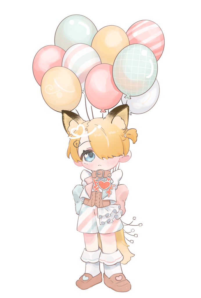 1boy aged_down alternate_costume animal_ear_fluff animal_ears balloon belt_collar blonde_hair blue_eyes blush brown_footwear chibi child collar commentary curly_eyebrows fox_boy fox_ears fox_tail frills full_body hair_over_one_eye heart knee_blush kneehighs light_frown lily-summer-0607 long_bangs looking_at_viewer male_focus multicolored_clothes one_piece sanji_(one_piece) short_hair shorts side_ponytail simple_background socks standing striped_clothes striped_shorts symbol-only_commentary tail white_background white_socks