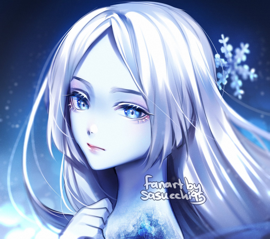 1girl artist_name blue_background blue_skin blue_theme blush closed_mouth colored_skin english_commentary expressionless hand_on_own_chest lips long_hair looking_at_viewer onmyoji parted_bangs sasucchi95 snowflakes solo white_hair yuki_onna_(onmyoji)