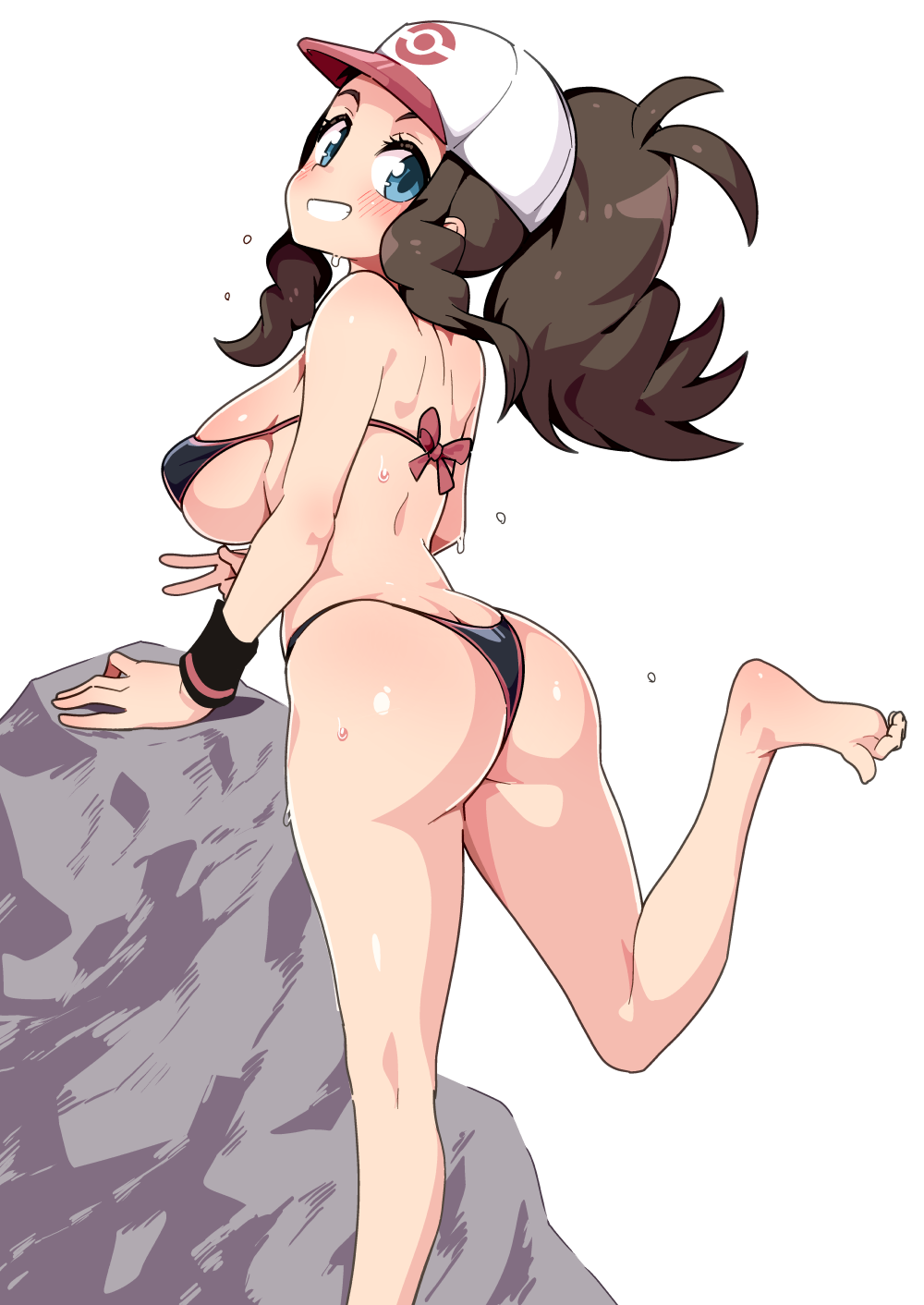 1girl ass bikini black_bikini blue_eyes blush breasts brown_hair commentary_request hat highres hilda_(pokemon) large_breasts looking_at_viewer medium_hair pokemon pokemon_bw ponytail rock simple_background smile soles solo standing standing_on_one_leg swimsuit toes tottotonero wet white_background white_hat wrist_cuffs