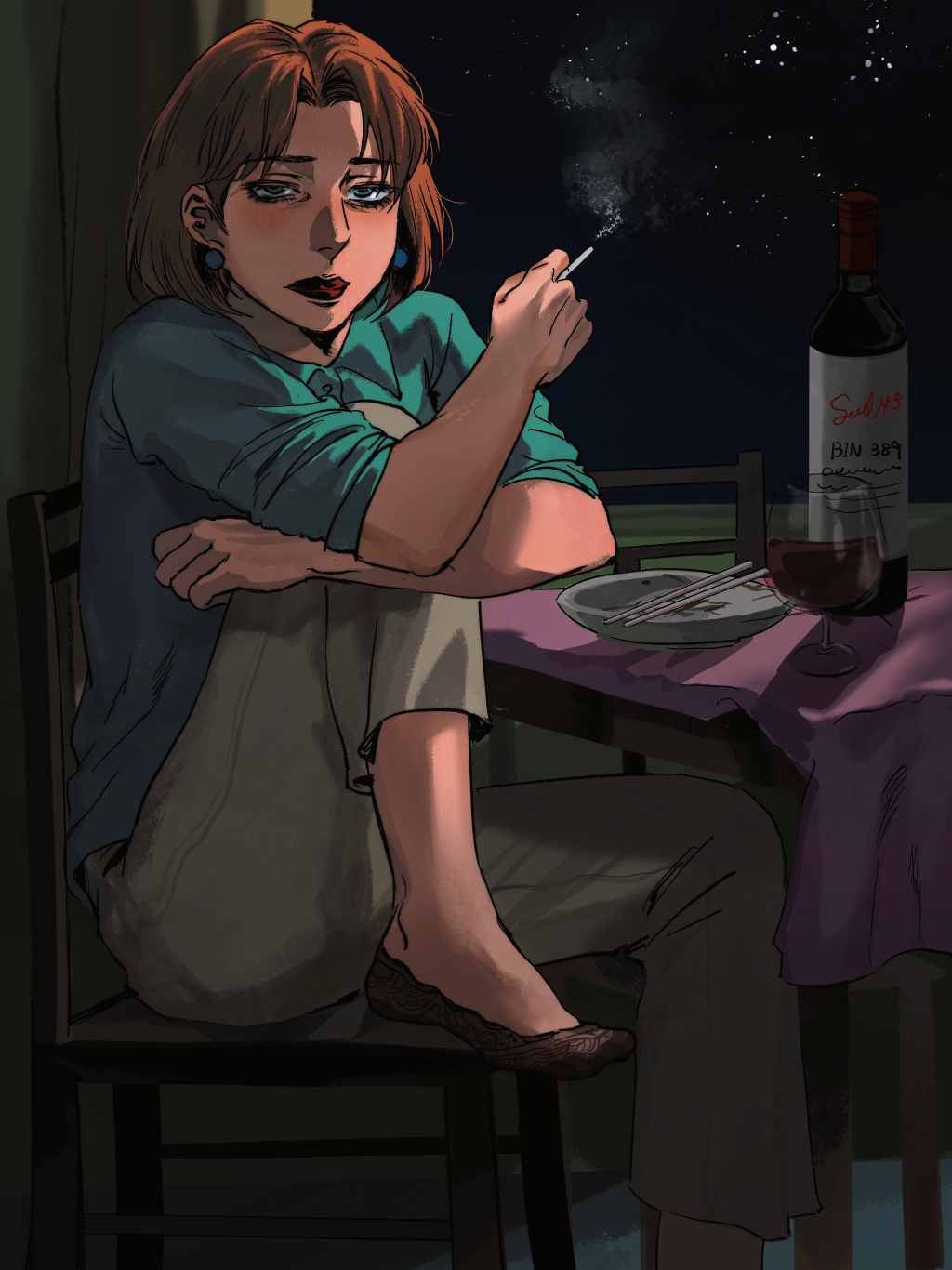 1girl alcohol borderline7839 bottle bowl brown_pants chair chopsticks cigarette cup drinking_glass family_guy green_shirt highres holding holding_cigarette indoors lois_griffin looking_at_viewer night night_sky orange_hair pants red_lips red_shirt shirt sitting sky smoke solo table window wine wine_bottle wine_glass