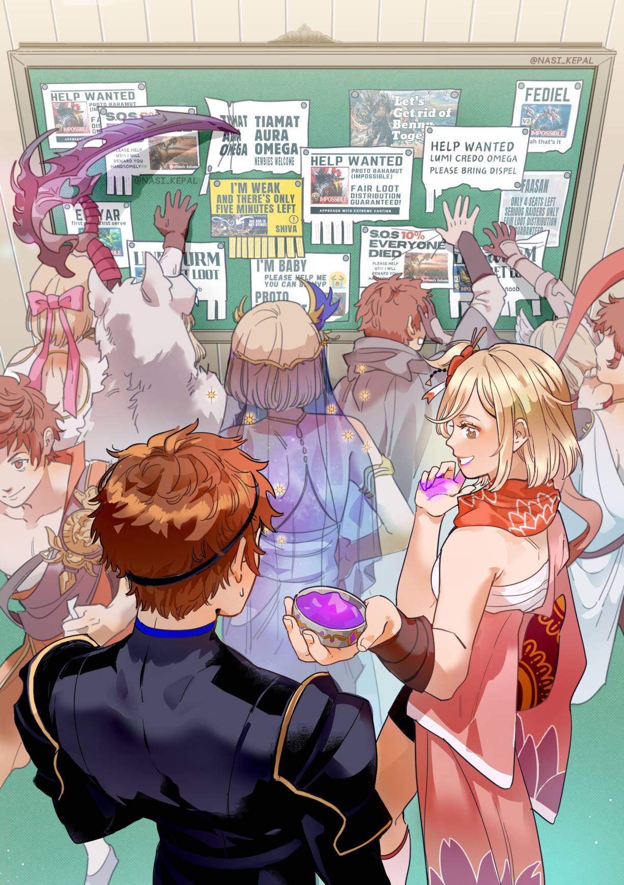 bennu_(granblue_fantasy) berserker_(granblue_fantasy) bulletin_board cloak crying_emoji djeeta_(granblue_fantasy) emoji gloves gran_(granblue_fantasy) granblue_fantasy highres hood hooded_cloak iatromantis_(granblue_fantasy) kengo_(granblue_fantasy) luchador_(granblue_fantasy) lumberjack_(granblue_fantasy) monk_(granblue_fantasy) nasi_kepal proto_bahamut_(granblue_fantasy) red_scarf relic_buster_(granblue_fantasy) scarf scythe shiva_(granblue_fantasy) soul_balm_(granblue_fantasy) twitter_username ultimate_bahamut_(granblue_fantasy) wanted