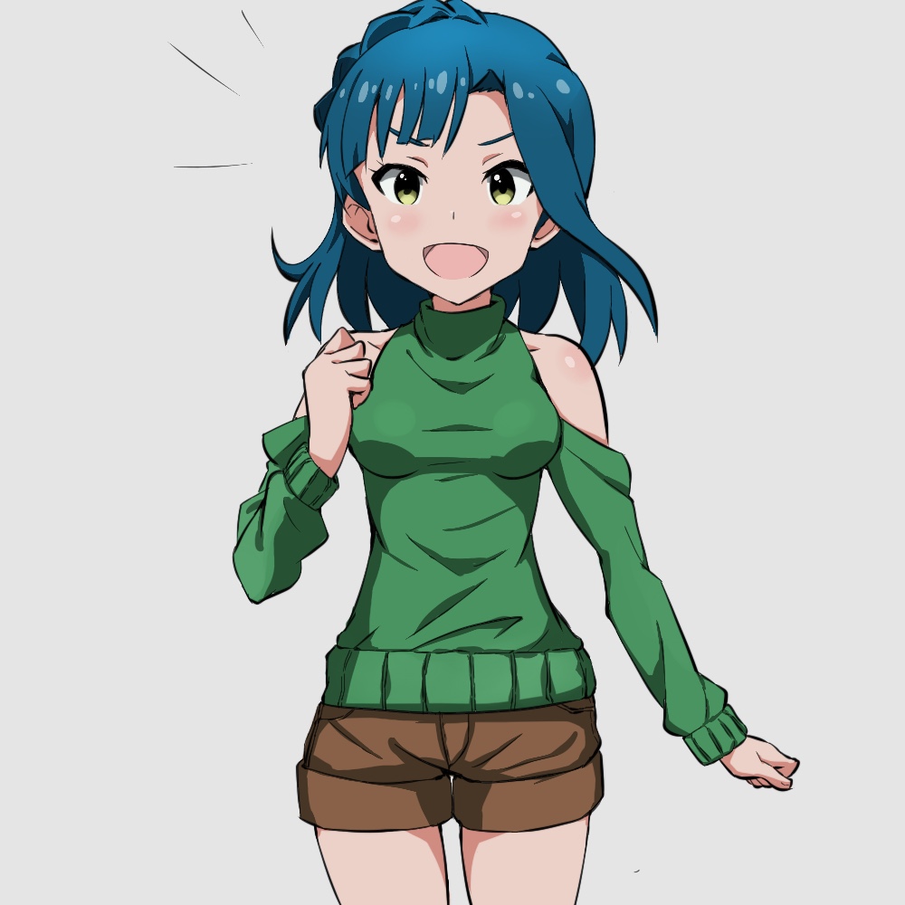 1girl :d bare_shoulders blue_hair blush braid breasts brown_shorts cowboy_shot detached_sleeves dot_nose eyelashes forehead green_sweater grey_background hand_up idolmaster idolmaster_million_live! idolmaster_million_live!_theater_days long_sleeves looking_at_viewer medium_breasts nanao_yuriko nejime_(nejimeinu) off_shoulder open_mouth parted_bangs short_hair shorts sidelocks simple_background smile solo standing sweater v-shaped_eyebrows yellow_eyes