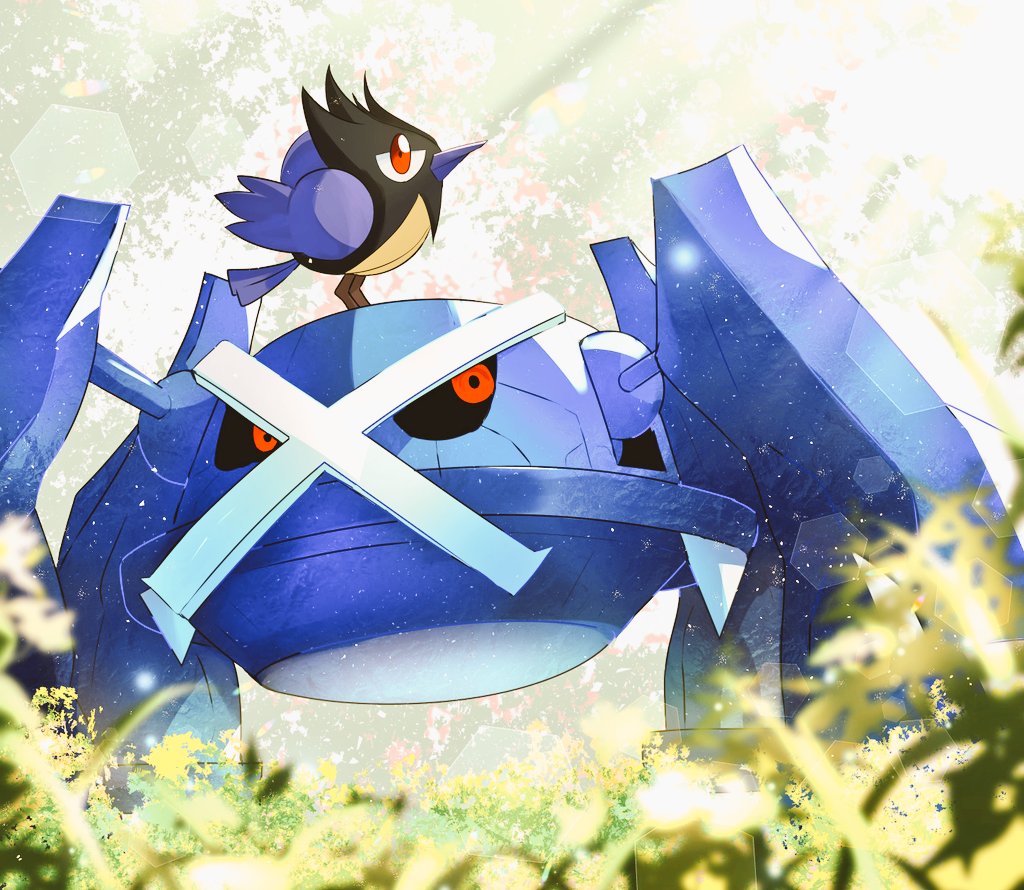 beak bird bird_tail blurry blurry_foreground lens_flare metagross no_humans non-humanoid_robot on_grass pokemon pokemon_(creature) red_eyes robot rookidee sunlight tail wings zeroartwo