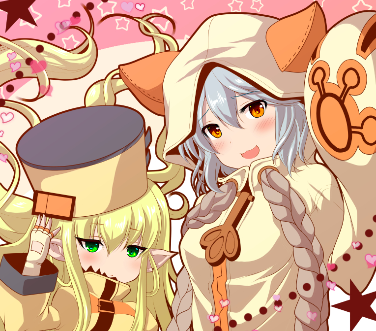 2girls animal_ears animal_hood blazblue blonde_hair blush brown_eyes cat_ears cat_hood company_connection cosplay erune fingerless_gloves gloves granblue_fantasy green_eyes grey_hair guilty_gear guilty_gear_xrd harvin hat heart hood matsunami_rumi melissabelle millia_rage millia_rage_(cosplay) multiple_girls pointy_ears power_connection sen_(granblue_fantasy) star taokaka taokaka_(cosplay) weapon_connection