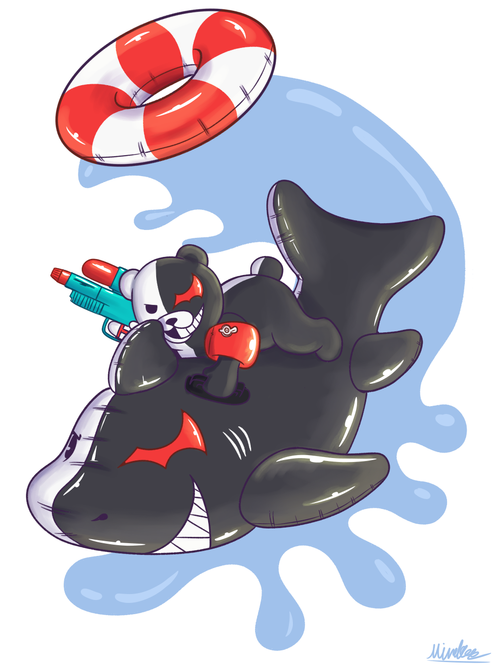 anthro bear black_body fish floatie hi_res inflatable inflatable_toy inner_tube liquid male mammal marine mirakee monokuma multicolored_body pool_toy red_eyes shark sharp_teeth signature simple_background solo swim_ring teeth toy toy_gun two_tone_body water water_gun white_background white_body