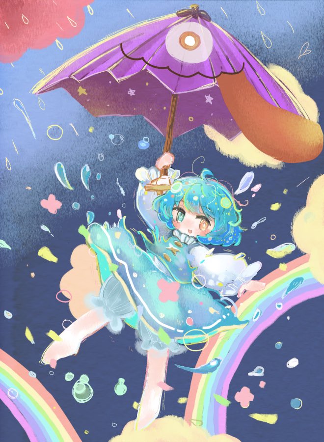 1girl ahoge barefoot blue_hair blue_vest full_body heterochromia holding holding_umbrella long_sleeves mokumoku22 open_mouth pants petals puffy_long_sleeves puffy_sleeves purple_umbrella rain rainbow skirt solo tatara_kogasa touhou umbrella vest water_drop