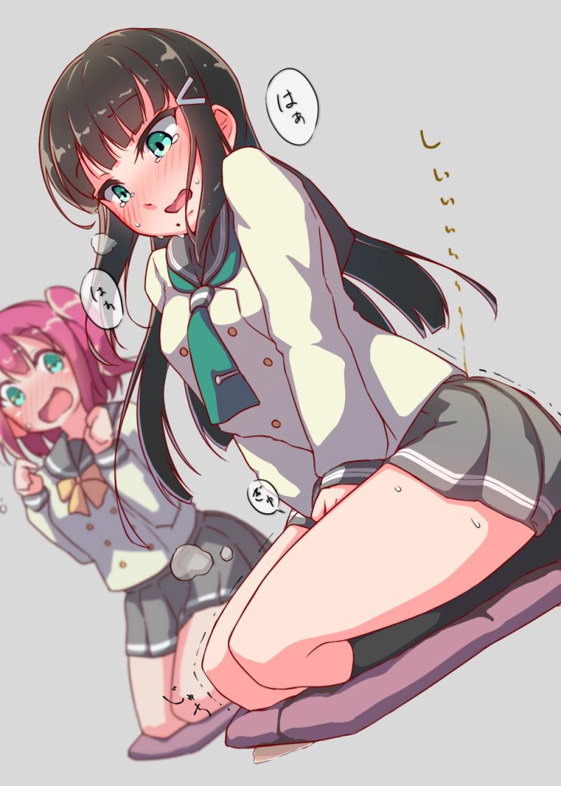 2girls aqua_eyes azukilib between_legs black_hair black_socks blunt_bangs blush bow bowtie breasts breath commentary_request cushion dutch_angle embarrassed green_neckerchief grey_background grey_skirt hair_ornament hairclip hand_between_legs hands_up have_to_pee jpeg_artifacts kneehighs kneeling kurosawa_dia kurosawa_ruby legs_together long_hair long_sleeves looking_at_another love_live! love_live!_sunshine!! miniskirt mole mole_under_mouth multiple_girls neckerchief nose_blush one_side_up open_mouth own_hands_together peeing peeing_self pink_hair pleated_skirt puddle school_uniform seiza serafuku shirt short_hair siblings simple_background sisters sitting skirt small_breasts socks solo_focus speech_bubble surprised sweat tears translation_request trembling v_arms yellow_bow yellow_bowtie