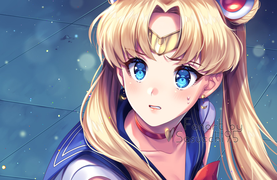 1girl artist_name bishoujo_senshi_sailor_moon blonde_hair blue_eyes blue_sailor_collar blush bow bowtie choker circlet clenched_teeth collarbone crescent crescent_earrings double_bun earrings gold_earrings hair_behind_ear hair_bun hair_ornament heart heart_choker jewelry lips long_hair looking_ahead meme parted_bangs red_bow red_bowtie red_choker sailor_collar sailor_moon sailor_moon_redraw_challenge_(meme) sasucchi95 shirt short_sleeves solo sweat teeth tile_floor tiles twintails upper_body white_shirt