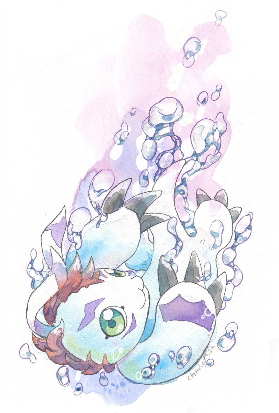 artist_name bubble chibicheu colored_skin digimon digimon_(creature) gomamon green_eyes highres mohawk red_hair solo tail underwater white_background white_skin