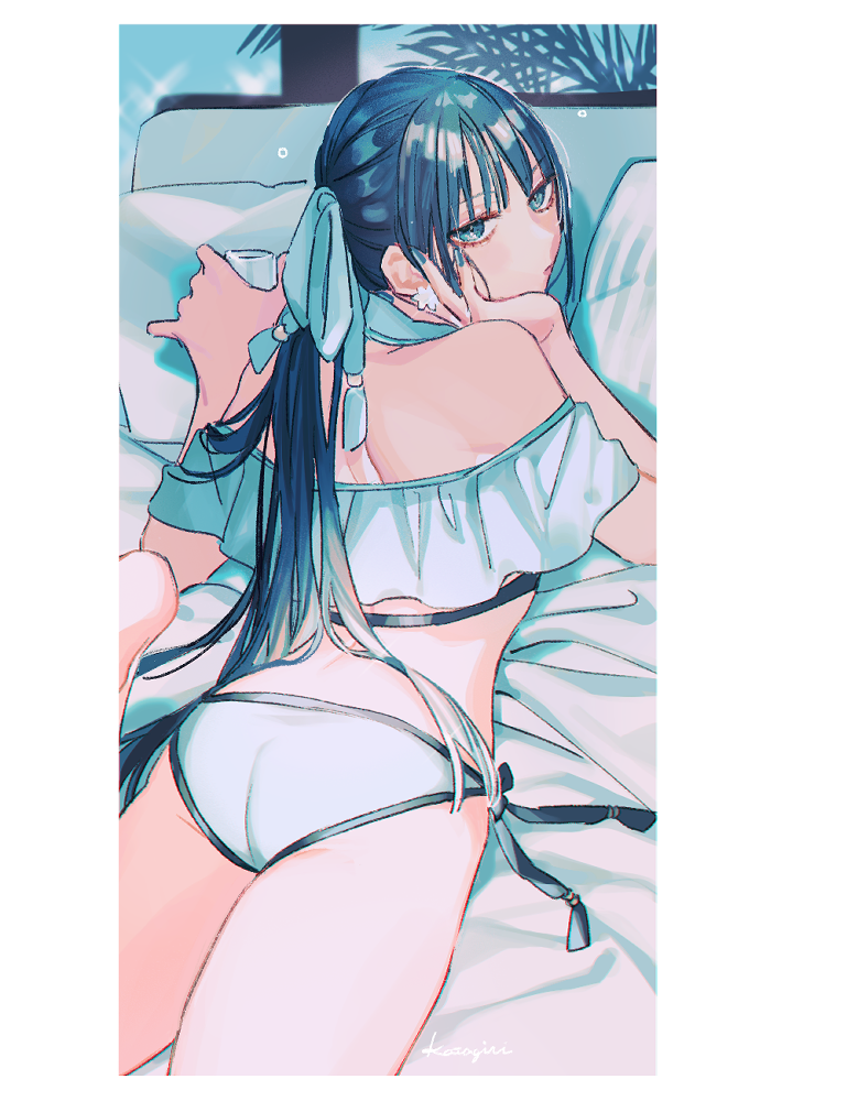 bikini black_hair cup drunk fate/grand_order fate_(series) from_above from_behind hair_ribbon hand_on_own_cheek hand_on_own_face holding holding_cup jing_ke_(fate) jing_ke_(water_shine)_(fate) katagiri_(mighty_swing) leg_up looking_at_viewer looking_back lying on_bed on_stomach ribbon swimsuit