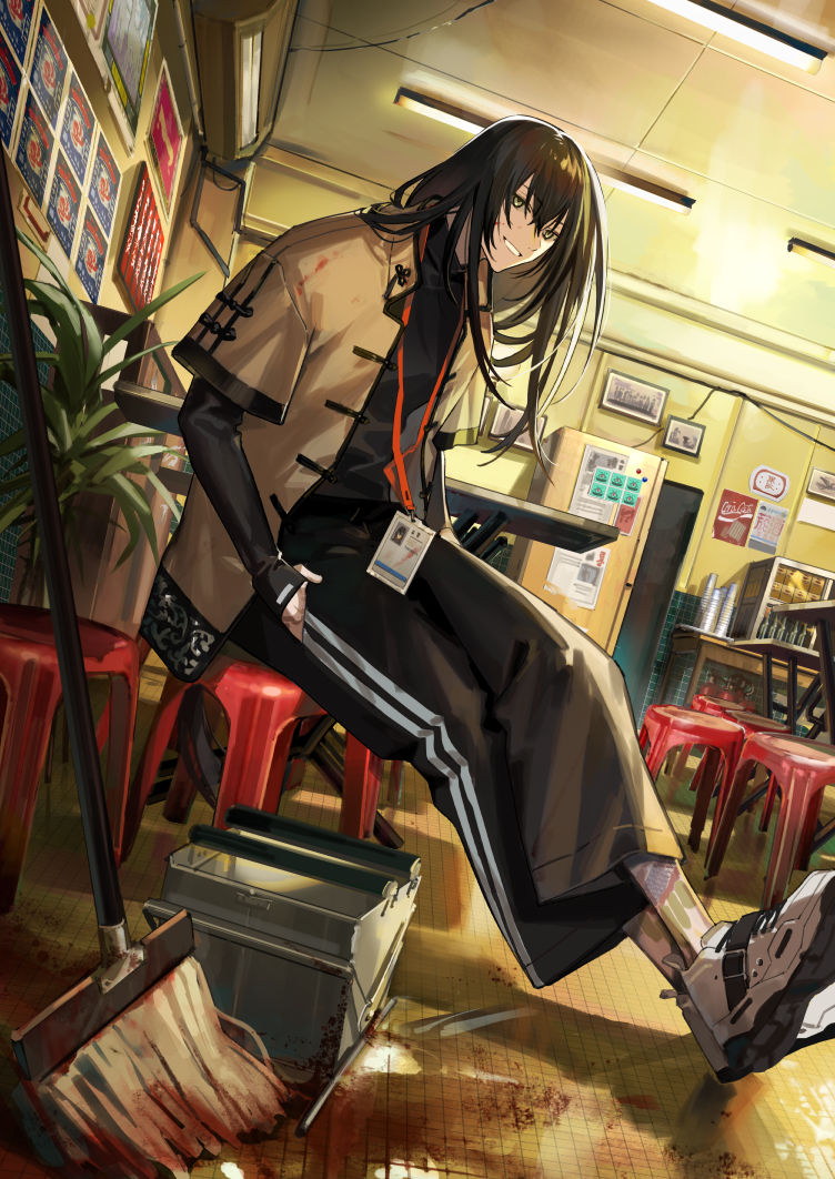 1boy air_conditioner alternate_costume black_hair black_pants black_shirt blood blood_on_face blood_splatter blood_stain brown_jacket bucket ceiling_light chinese_clothes crossed_legs fate/grand_order fate_(series) fluorescent_lamp folding_table full_body green_eyes grin hair_between_eyes hair_down hand_in_pocket id_card indoors itefu jacket lanyard layered_sleeves leg_tattoo long_hair long_sleeves looking_at_viewer male_focus mop open_clothes open_jacket outstretched_legs pants photo_(object) plant poster_(object) reflective_floor refrigerator restaurant shirt shoes short_over_long_sleeves short_sleeves sitting smile sneakers solo stool table tangzhuang tattoo tile_floor tiles turtleneck white_footwear yan_qing_(fate)