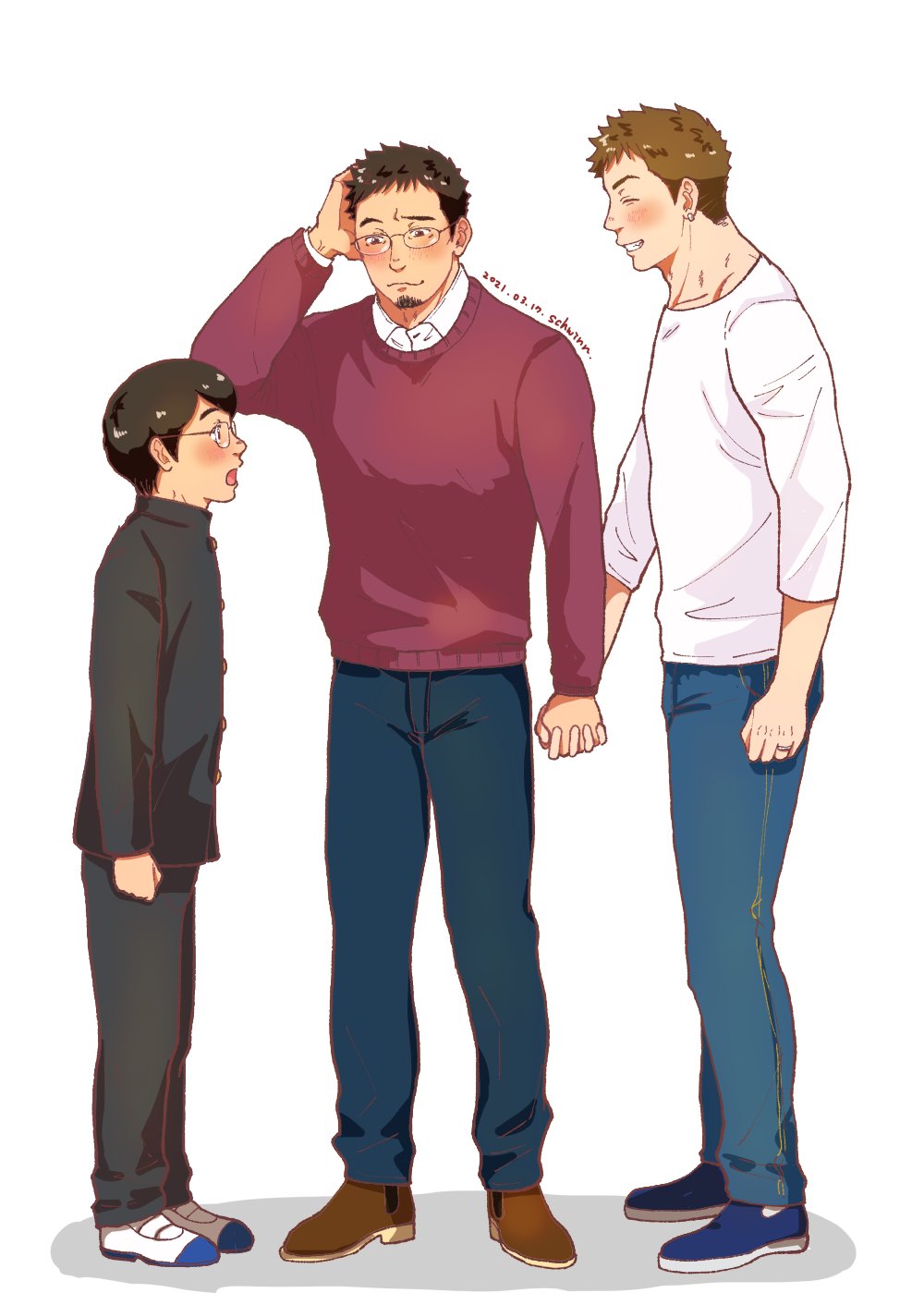 3boys age_difference awestruck bara blush brown_hair child denim facial_hair full_body furrowed_brow gakuran glasses goatee goatee_stubble happy highres holding_hands interlocked_fingers jeans lgbt_pride male_focus multiple_boys original pants profile school_uniform schwinn57 scratching_head short_hair shy sideburns stubble sweater wavy_mouth white_background