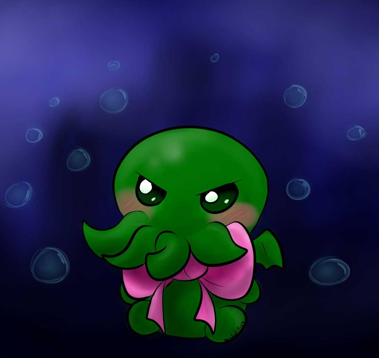 2019 abyss anthro blush bow_tie bubble cephalopod chibi cthulhu cthulhu_mythos digital_media_(artwork) green_eyes green_skin h.p._lovecraft looking_at_viewer marine mollusk octopus pink_bow_tie sa-chat simple_background solo tentacles wings