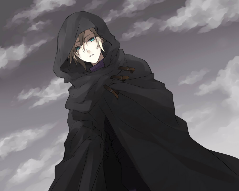 1boy alternate_costume bisukorokoro black_robe blonde_hair blue_eyes cloud cloud_strife cloudy_sky expressionless final_fantasy final_fantasy_vii grey_sky high_collar hood hood_up hooded_robe male_focus outdoors robe short_hair sky solo standing third-party_source turtleneck upper_body