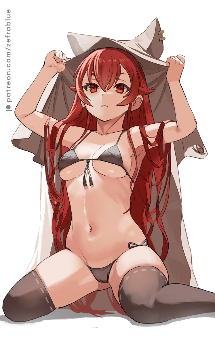 1girl animal_hood arms_up bikini black_bikini black_thighhighs breasts cloak covered_nipples eris_greyrat front-tie_bikini_top front-tie_top hair_between_eyes highres hood hooded_cloak long_hair looking_ahead medium_breasts mushoku_tensei parted_lips patreon_username red_eyes red_hair side-tie_bikini_bottom sitting solo swimsuit thighhighs wariza zefrableu