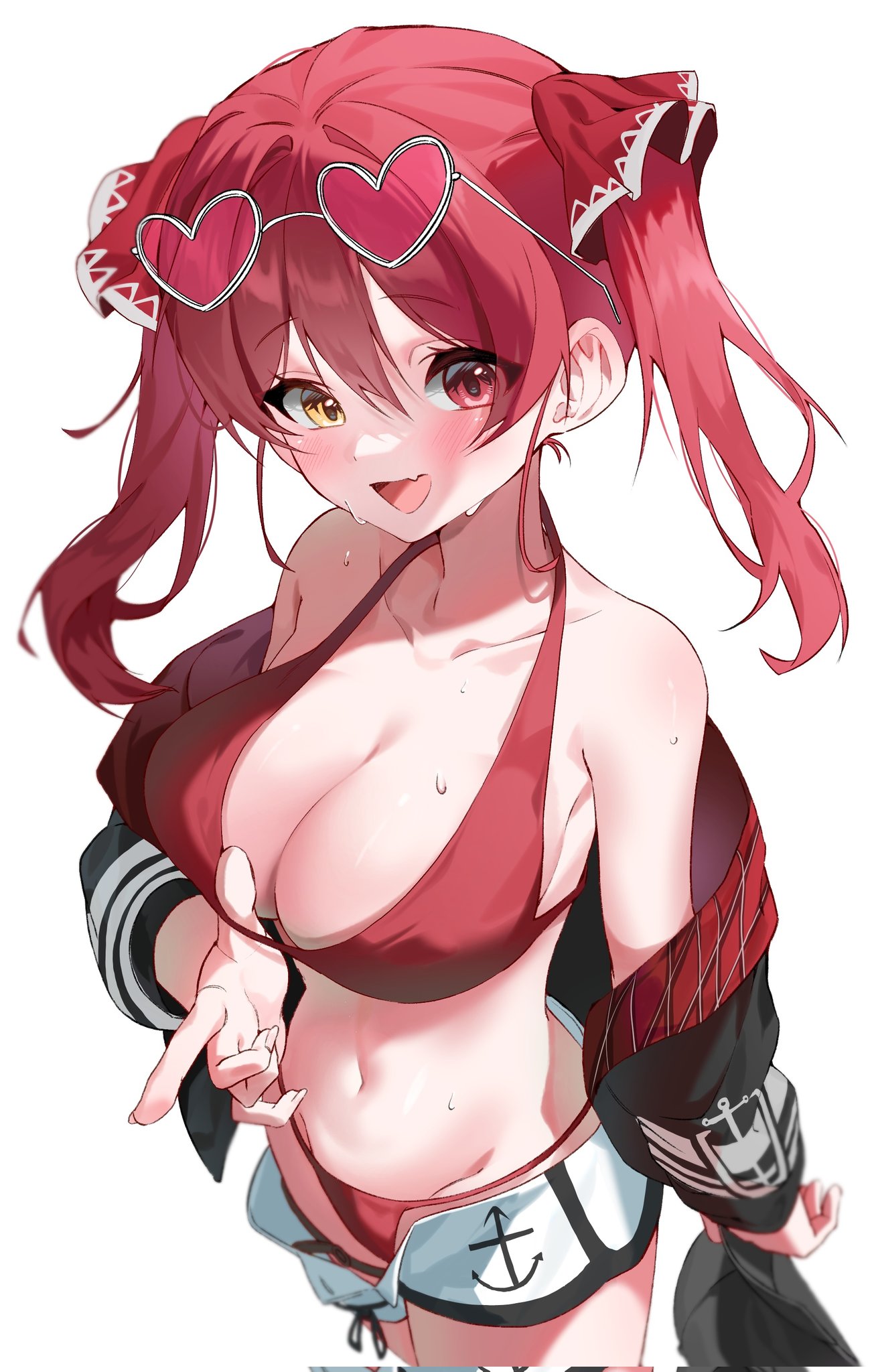 1girl bare_shoulders baseball_cap bikini black_jacket blush breasts cleavage collarbone cowboy_shot dolphin_shorts eyewear_on_head fang from_above hair_ribbon hat heart heart-shaped_eyewear heterochromia highres holding holding_clothes holding_hat hololive houshou_marine houshou_marine_(summer) jacket large_breasts navel newda_al off_shoulder pink-tinted_eyewear red_bikini red_eyes red_hair red_ribbon ribbon shorts simple_background skin_fang solo sunglasses swimsuit tinted_eyewear twintails wet white_background white_shorts yellow_eyes
