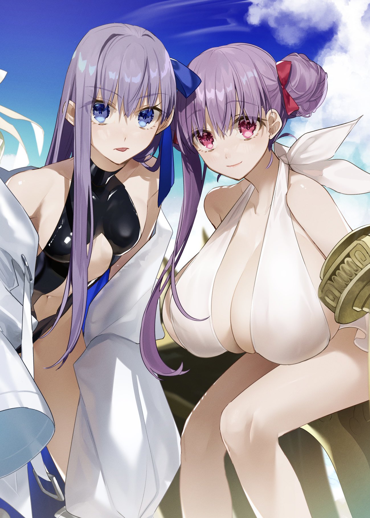 2girls bare_shoulders beach bikini black_one-piece_swimsuit blue_eyes blue_ribbon blue_sky blush breasts center_opening claw_(weapon) claws cleavage collarbone fate/grand_order fate_(series) hair_bun hair_ribbon highres hino_hinako huge_breasts jacket long_hair long_sleeves looking_at_viewer meltryllis_(fate) multiple_girls navel off_shoulder one-piece_swimsuit passionlip_(fate) pink_eyes pink_ribbon purple_hair ribbon single_hair_bun sky sleeves_past_fingers sleeves_past_wrists small_breasts smile swimsuit thighs tongue tongue_out very_long_hair weapon white_bikini white_jacket