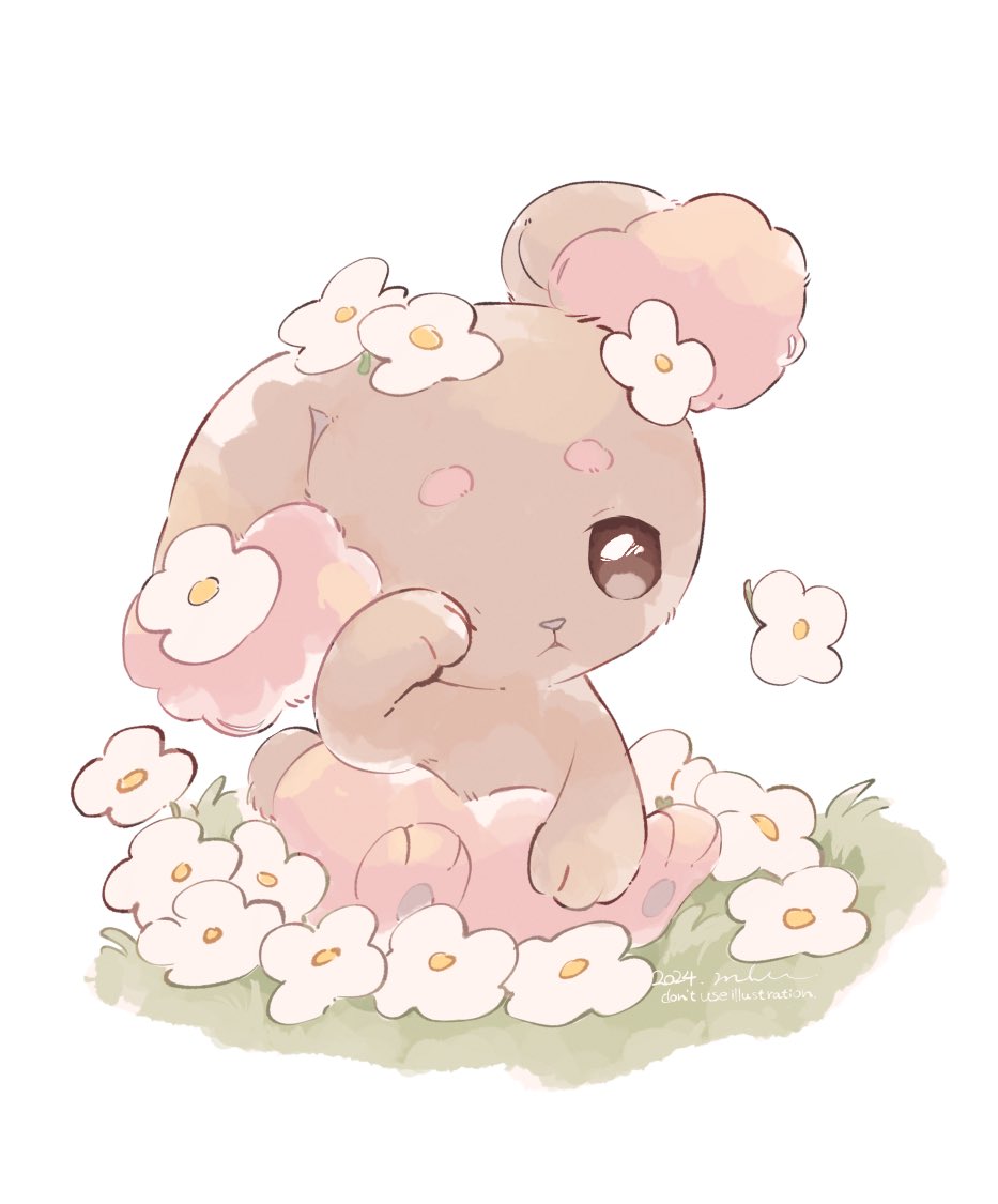 alternate_color animal_focus brown_fur buneary closed_mouth commentary_request flower mkt_(buizu-miki) no_humans on_grass pokemon pokemon_(creature) rabbit shiny_pokemon simple_background sitting white_background white_flower