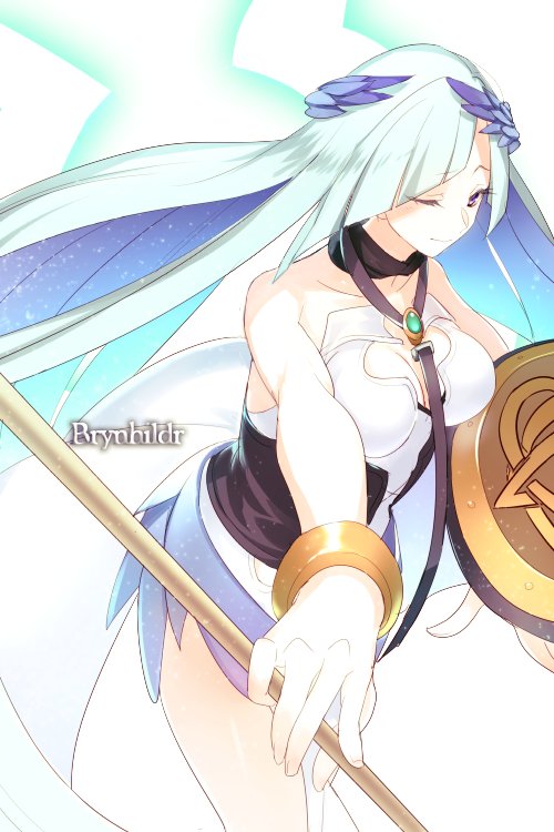 1girl armor armored_dress bracelet breastplate breasts brooch brynhildr_(fate) character_name cleavage corset cosplay diagonal_bangs dress echo_(circa) energy_wings fate/grand_order fate/prototype fate/prototype:_fragments_of_blue_and_silver fate_(series) hair_ornament jewelry large_breasts long_hair looking_at_viewer one_eye_closed pelvic_curtain polearm purple_eyes shield smile spear thighs valkyrie_(fate) valkyrie_(fate)_(cosplay) very_long_hair weapon white_dress white_hair
