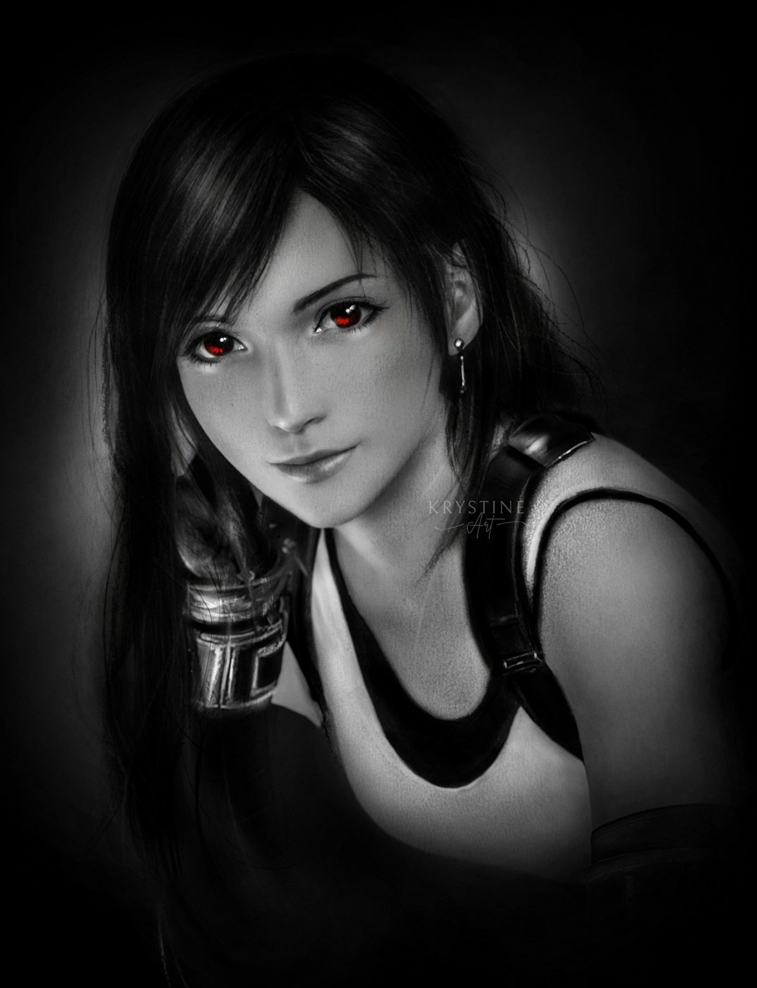 1girl artist_name closed_mouth dangle_earrings earrings elbow_gloves english_commentary final_fantasy final_fantasy_vii final_fantasy_vii_rebirth final_fantasy_vii_remake fingerless_gloves gloves greyscale highres jewelry krystine_art lips long_hair monochrome photorealistic realistic red_eyes simple_background smile solo spot_color tank_top tifa_lockhart upper_body