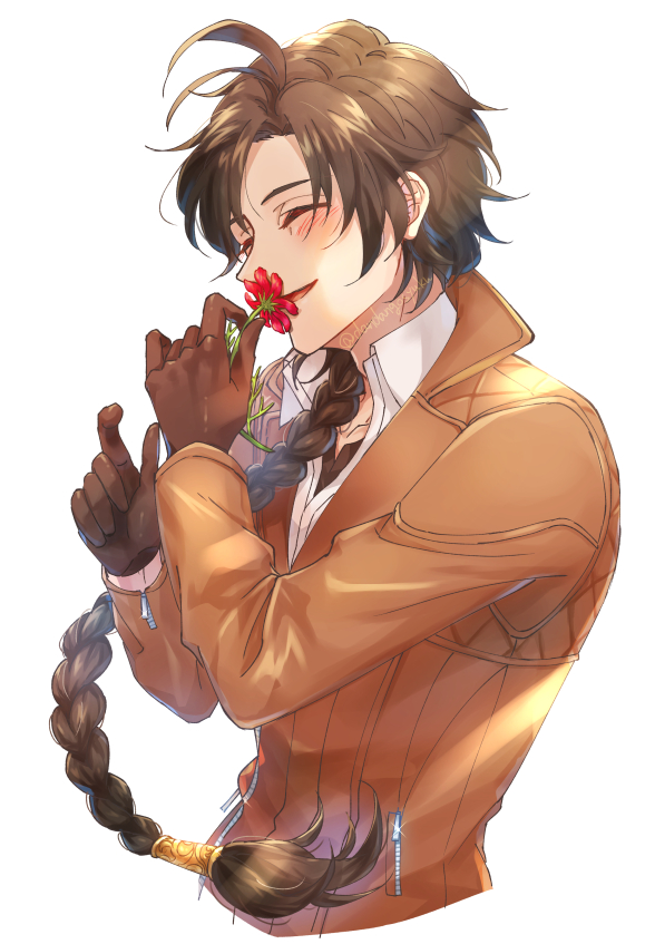 1boy :d ^_^ antenna_hair black_gloves black_undershirt blush braid brown_hair brown_jacket bungou_to_alchemist closed_eyes collared_shirt cropped_torso flower gloves hair_over_shoulder hair_tubes hands_up happy holding holding_flower jacket leather leather_jacket long_hair long_sleeves male_focus oda_sakunosuke_(bungou_to_alchemist) open_collar parted_bangs profile red_flower shirt single_braid smelling_flower smile tuan_zi_(son5) white_shirt zipper_pull_tab