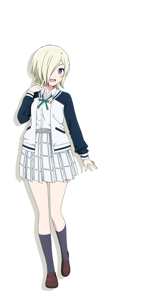 1girl black_sleeves black_socks blonde_hair brown_footwear collared_shirt full_body green_ribbon hair_over_one_eye jacket kneehighs loafers long_sleeves looking_at_viewer love_live! love_live!_nijigasaki_high_school_idol_club mia_taylor neck_ribbon nijigasaki_academy_school_uniform official_art one_eye_covered open_clothes open_jacket open_mouth plaid plaid_skirt pleated_skirt purple_eyes ribbon school_uniform shirt shoes short_hair skirt socks solo standing standing_on_one_leg transparent_background white_jacket white_shirt white_skirt winter_uniform