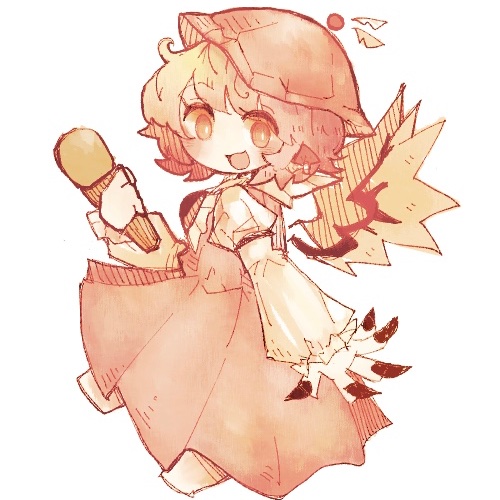 1girl animal_ears bird_ears bird_wings brown_dress brown_kimono dress fingernails holding holding_microphone japanese_clothes kimono long_fingernails lowres microphone mokumoku22 mystia_lorelei okamisty open_mouth pink_hair solo teeth touhou upper_body white_background white_wings winged_hat wings yellow_eyes