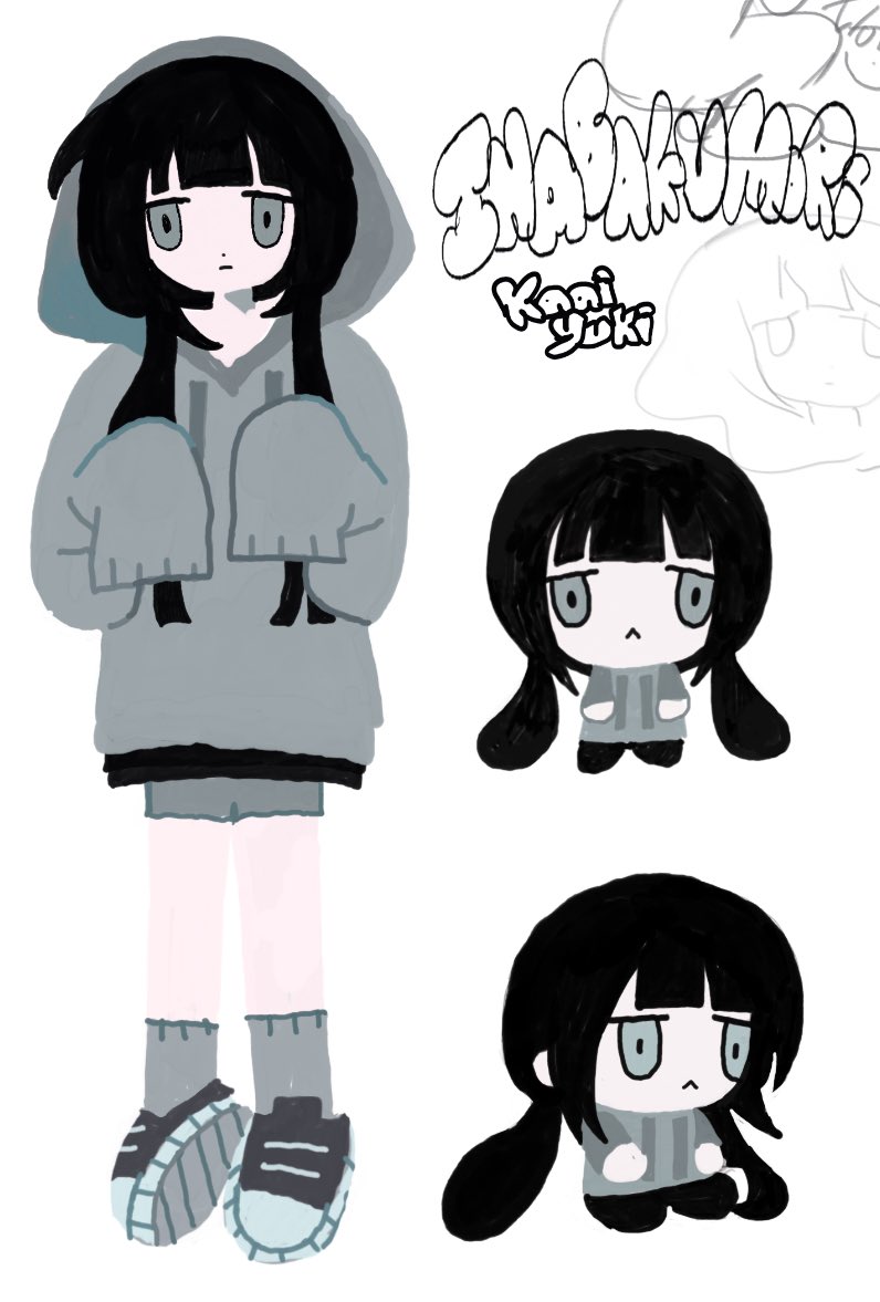 :&lt; ah-software black_footwear black_hair character_name chibi chibi_inset converse expressionless grey_eyes grey_hoodie grey_socks hood hood_up hoodie inabakumori kaai_yuki low_twintails melps multiple_views no_lineart osage_(nukunuku_nigirimeshi) oversized_clothes shorts sleeves_past_fingers sleeves_past_wrists socks twintails white_background