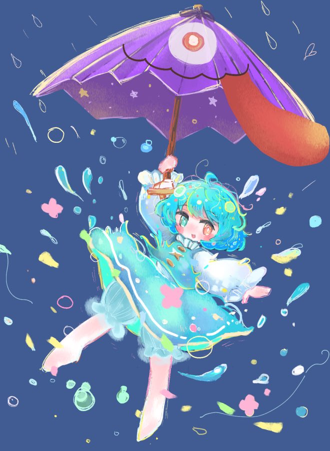 1girl ahoge barefoot blue_hair blue_vest full_body heterochromia holding holding_umbrella long_sleeves mokumoku22 open_mouth pants petals puffy_long_sleeves puffy_sleeves purple_umbrella rain skirt solo tatara_kogasa tongue tongue_out touhou umbrella vest water_drop