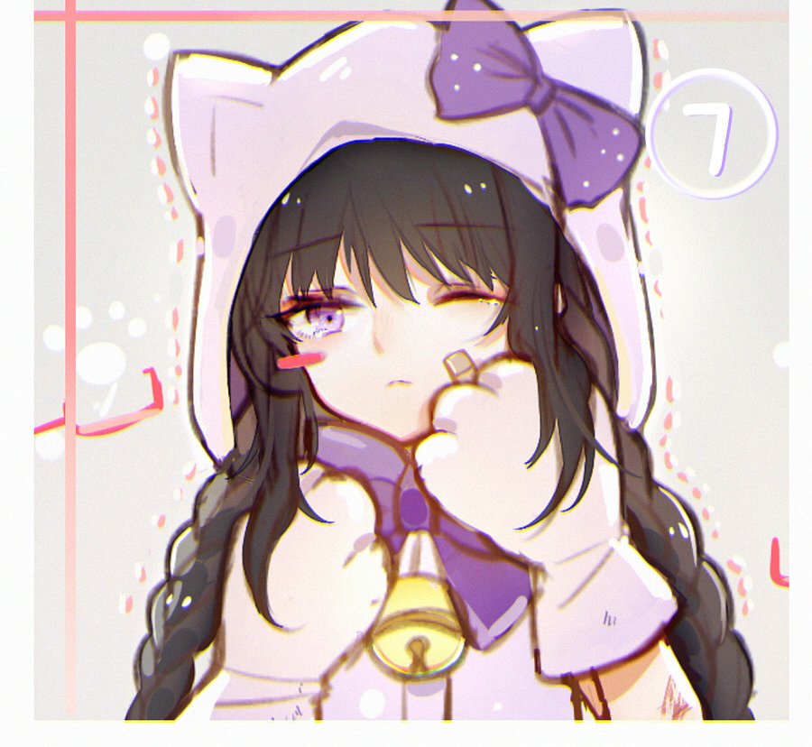 1girl akemi_homura alternate_costume animal_costume animal_ear_hood animal_ears animal_hands bai_qi-qsr bandaid bandaid_on_cheek bandaid_on_face bell black_hair blush_stickers border bow bowtie braid cat_costume cat_ears closed_mouth commentary_request fake_animal_ears gloves grey_background hand_on_own_cheek hand_on_own_face hood hood_up hooded_shirt light_frown long_hair looking_at_viewer low_twin_braids mahou_shoujo_madoka_magica mahou_shoujo_madoka_magica_(anime) neck_bell one_eye_closed paw_gloves purple_bow purple_bowtie purple_eyes purple_gloves purple_hood purple_shirt shirt simple_background single_blush_sticker solo trembling twin_braids upper_body very_long_hair white_border