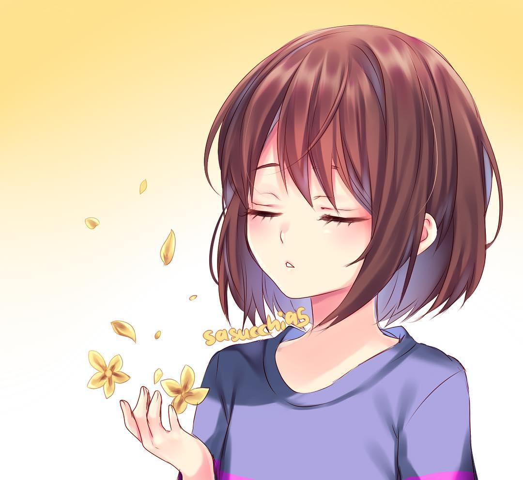 1other artist_name blue_hair blue_shirt blush brown_hair closed_eyes colored_inner_hair fingernails flower frisk_(undertale) gradient_background multicolored_hair parted_lips petals pink_shirt sasucchi95 shirt short_hair solo striped_clothes striped_shirt teeth undertale upper_body white_background yellow_background yellow_flower