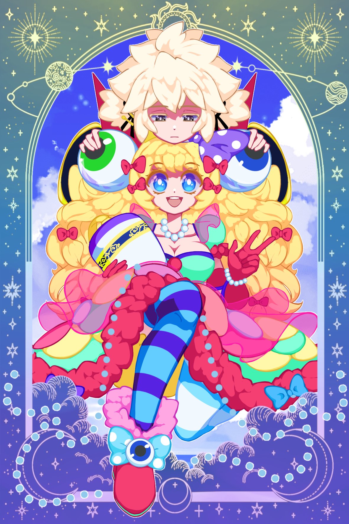 1boy 1girl :d big_hair blonde_hair blue_eyes bow bracelet breasts brown_hair cleavage dress esther_(buttercesther) expressionless eye_hair_ornament full_body gloves hair_bow hair_ornament highres jewelry long_hair looking_at_another looking_at_viewer medium_breasts meitenkun necklace pearl_bracelet pearl_necklace red_gloves smile striped_clothes striped_thighhighs sylvie_paula_paula teeth the_king_of_fighters the_king_of_fighters_xiv thighhighs upper_teeth_only white_hair