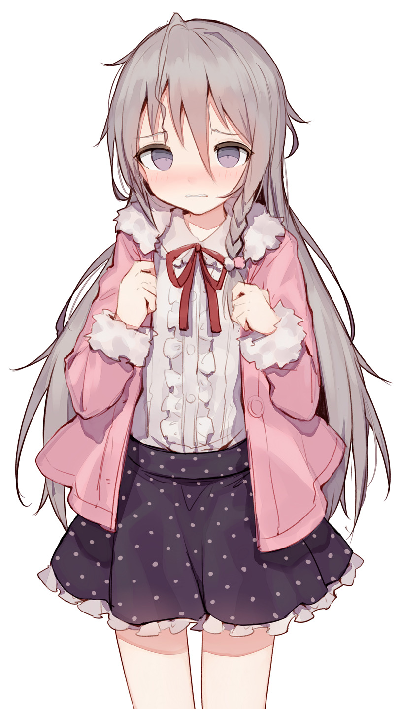 1girl bangs blush braid center_frills cowboy_shot frilled_skirt frills fur-trimmed_sleeves fur_collar fur_trim grey_eyes grey_hair hair_between_eyes highres hoshi_shouko idolmaster idolmaster_cinderella_girls jacket long_hair long_sleeves looking_at_viewer pink_jacket polka_dot_skirt shone side_braid simple_background single_braid skirt solo very_long_hair white_background