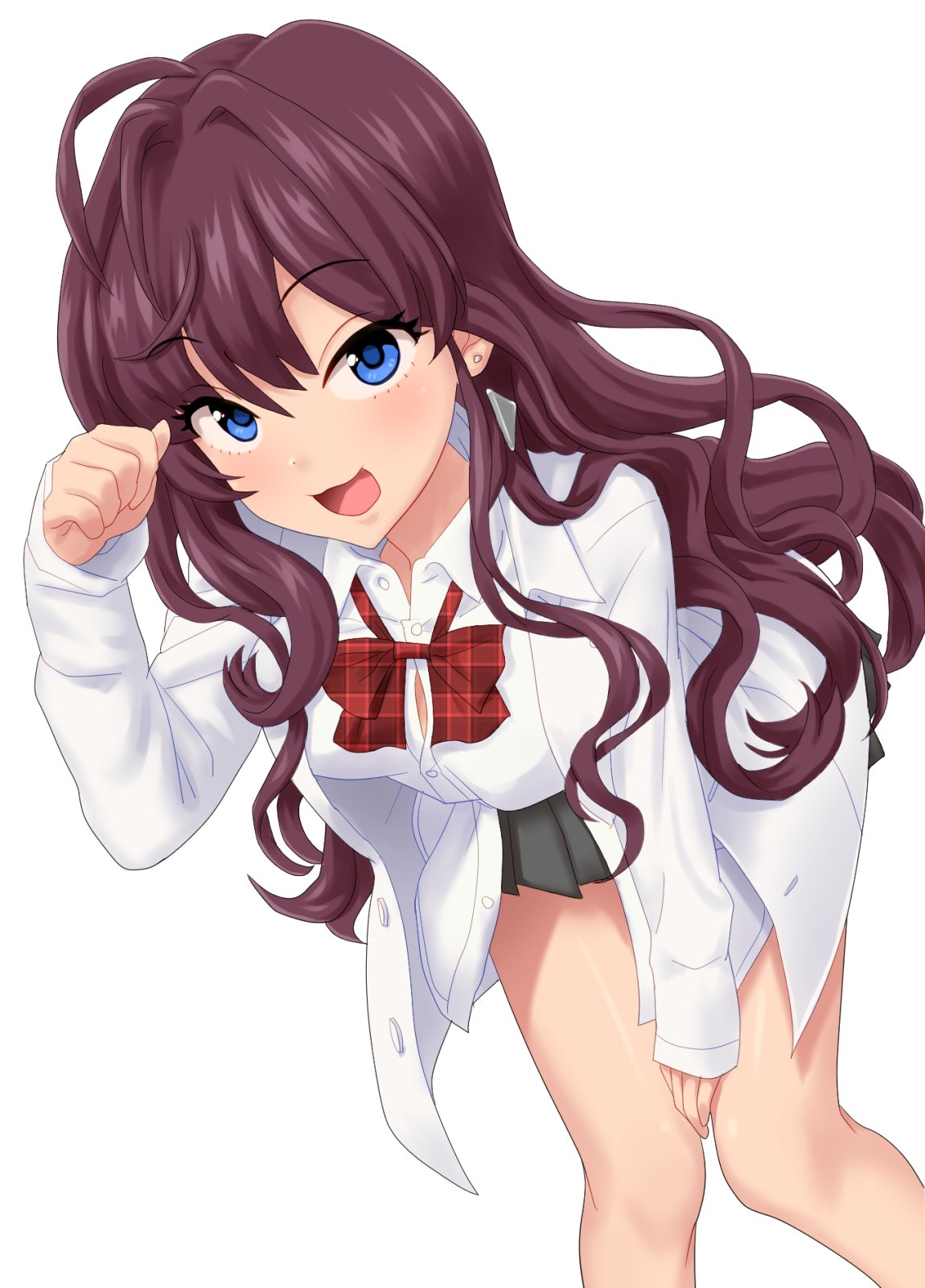 1girl ahoge bangs blue_eyes blush bow bowtie breasts brown_hair coat collared_shirt dress_shirt earrings grey_skirt hair_between_eyes highres ichinose_shiki idolmaster idolmaster_cinderella_girls jewelry kezune_(i-_-i) labcoat leaning_forward long_hair long_sleeves looking_at_viewer medium_breasts open_clothes open_coat open_mouth paw_pose pleated_skirt red_neckwear shirt simple_background skirt smile solo thighs wavy_hair white_background white_shirt