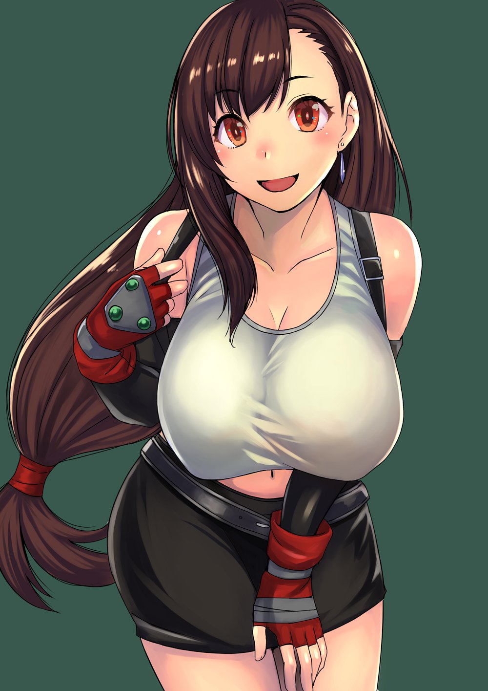 1girl bent_over black_skirt breasts brown_eyes brown_hair cowboy_shot earrings elbow_gloves elbow_pads final_fantasy final_fantasy_vii fingerless_gloves gloves hands_on_own_knees hanging_breasts highres jewelry kokuryuugan large_breasts leaning_forward long_hair looking_at_viewer low-tied_long_hair midriff miniskirt open_mouth pencil_skirt shirt skirt smile solo standing suspender_skirt suspenders tank_top taut_clothes taut_shirt tifa_lockhart