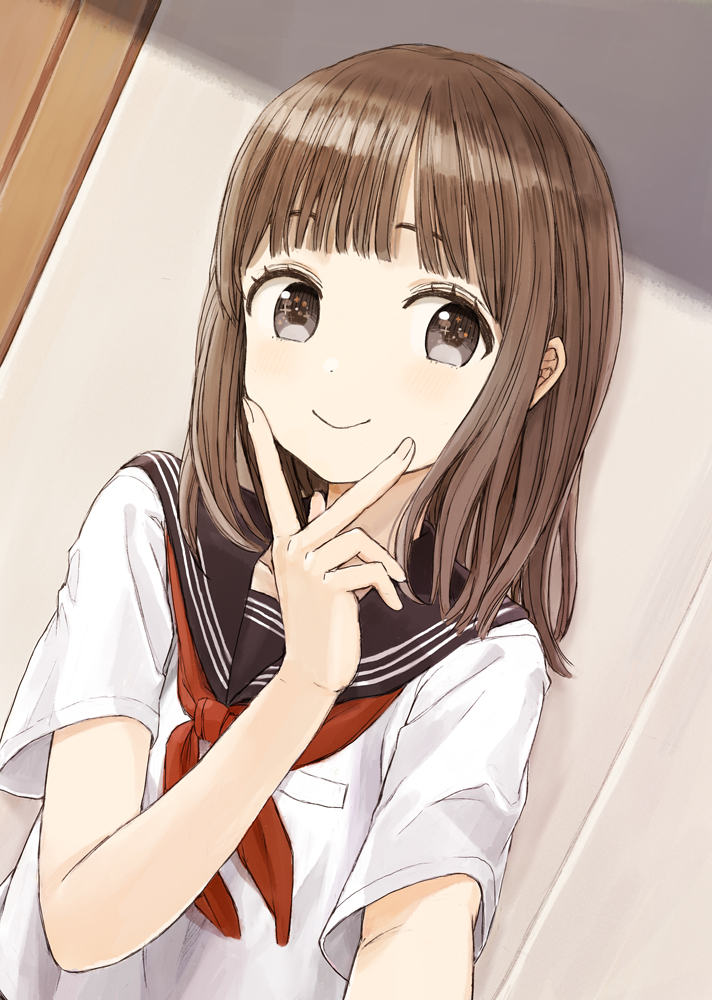 1girl bangs black_sailor_collar blush brown_eyes brown_hair closed_mouth collarbone commentary_request dutch_angle eyebrows_behind_hair indoors long_hair nasuna neckerchief original outstretched_arm reaching_out red_neckwear sailor_collar school_uniform self_shot serafuku shirt short_sleeves smile solo v v_over_mouth white_shirt