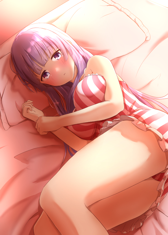 1girl bangs bare_shoulders bed blunt_bangs blush breasts commentary_request eyebrows_visible_through_hair feet_out_of_frame from_above large_breasts legs long_hair looking_at_viewer lying no_hat no_headwear on_side panties panty_peek patchouli_knowledge pillow purple_eyes purple_hair raised_eyebrows ram_hachimin shadow sleeveless solo striped striped_panties thighs touhou underwear very_long_hair