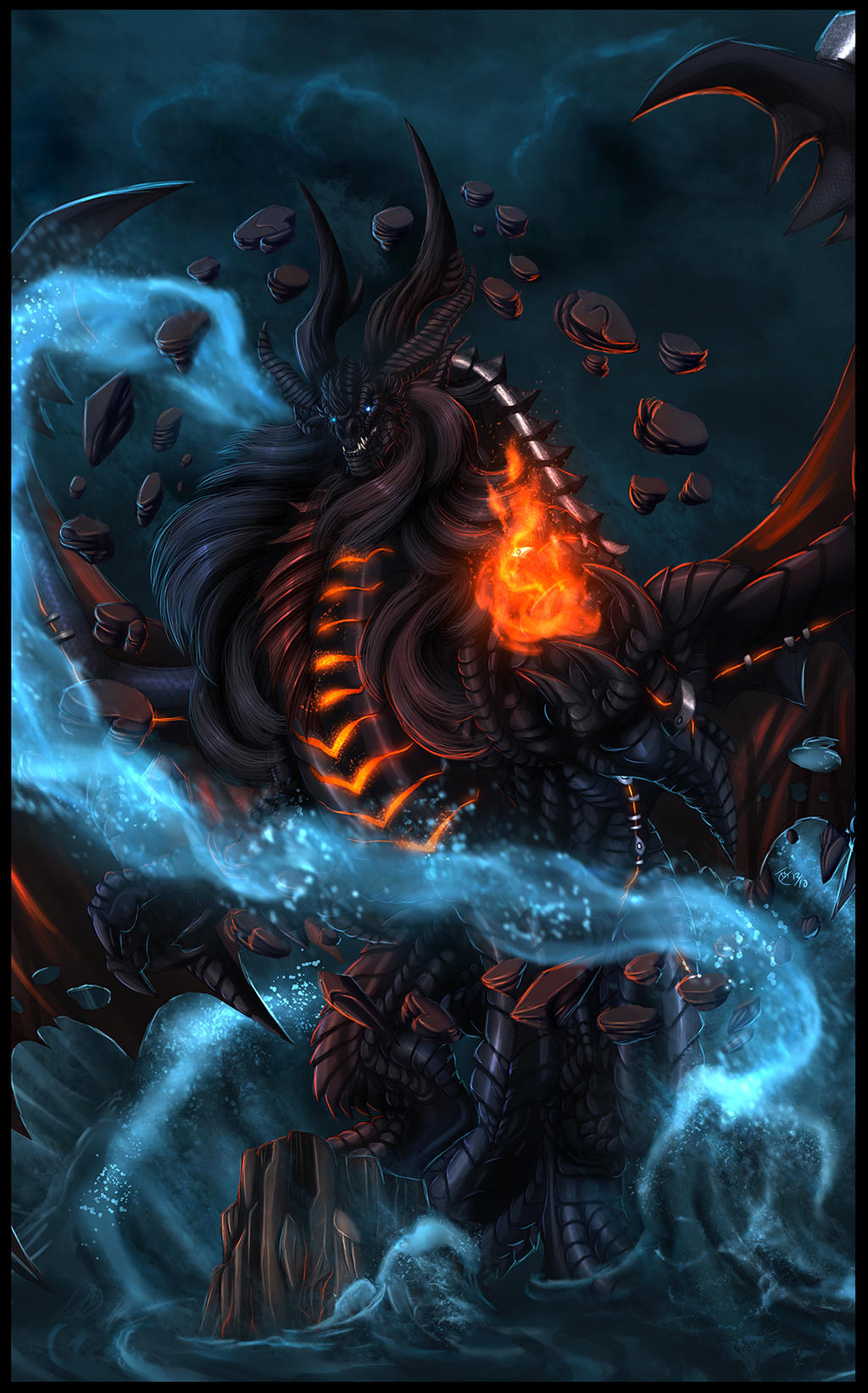 blizzard_entertainment blue_eyes claws cloud dark_background deathwing detailed_background dragon elemental fangs fire ghostwalker2061 glowing glowing_eyes hair hi_res horn long_hair looking_at_viewer macro male orange_glow rock solo standing storm video_games warcraft water wings