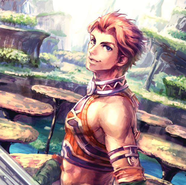 1boy armlet bomssp dark_skin dark_skinned_male gaur_plains looking_at_viewer looking_back male_focus midriff orange_hair purple_eyes rein_(xenoblade) solo xenoblade_(series) xenoblade_1