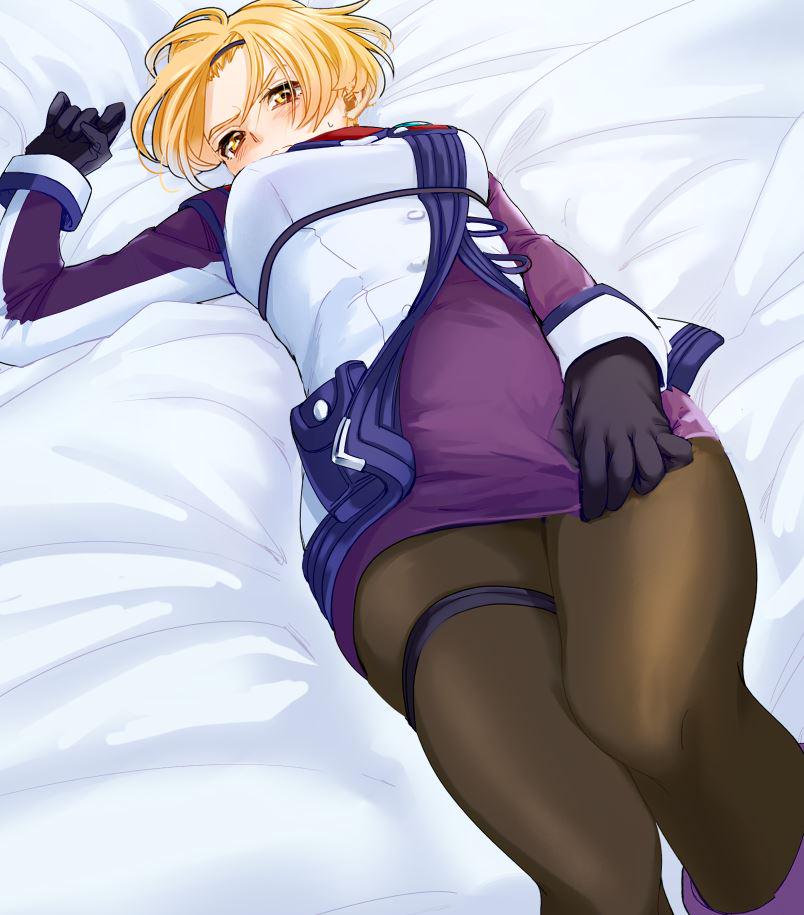 1girl blush bomssp citrine dress embarrassed gloves headband looking_at_viewer on_bed orange_hair pantyhose perspective short_hair skirt skirt_pull solo xenosaga yellow_eyes