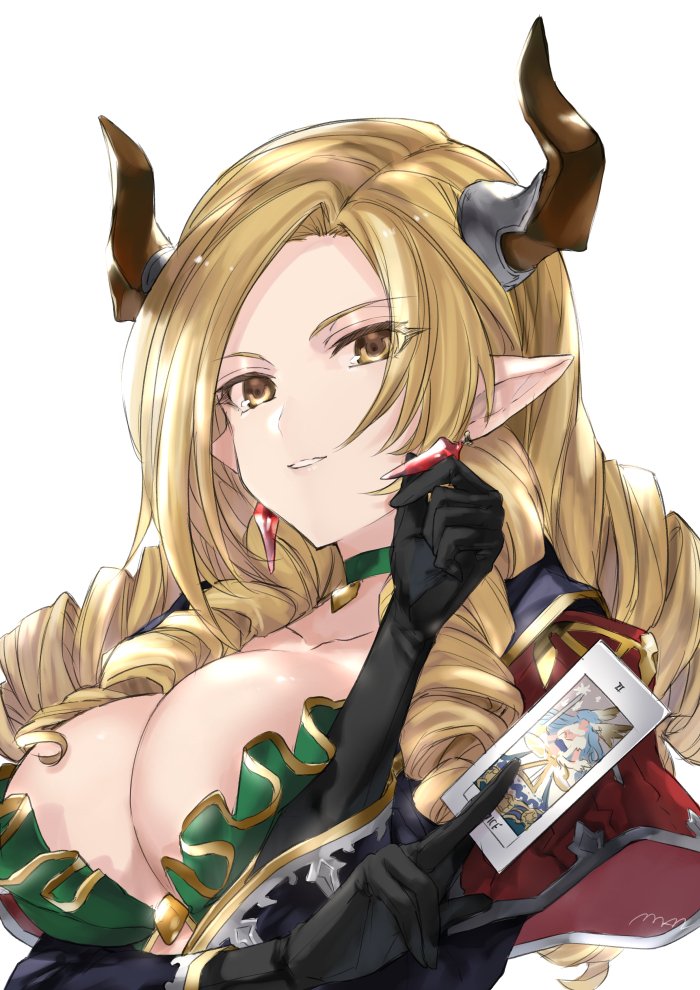 1girl black_gloves blonde_hair breasts card cleavage draph earrings gloves granblue_fantasy holding holding_card horns jewelry justice_(tarot_card) large_breasts maka_(morphine) tarot teresa_(granblue_fantasy) white_background yellow_eyes