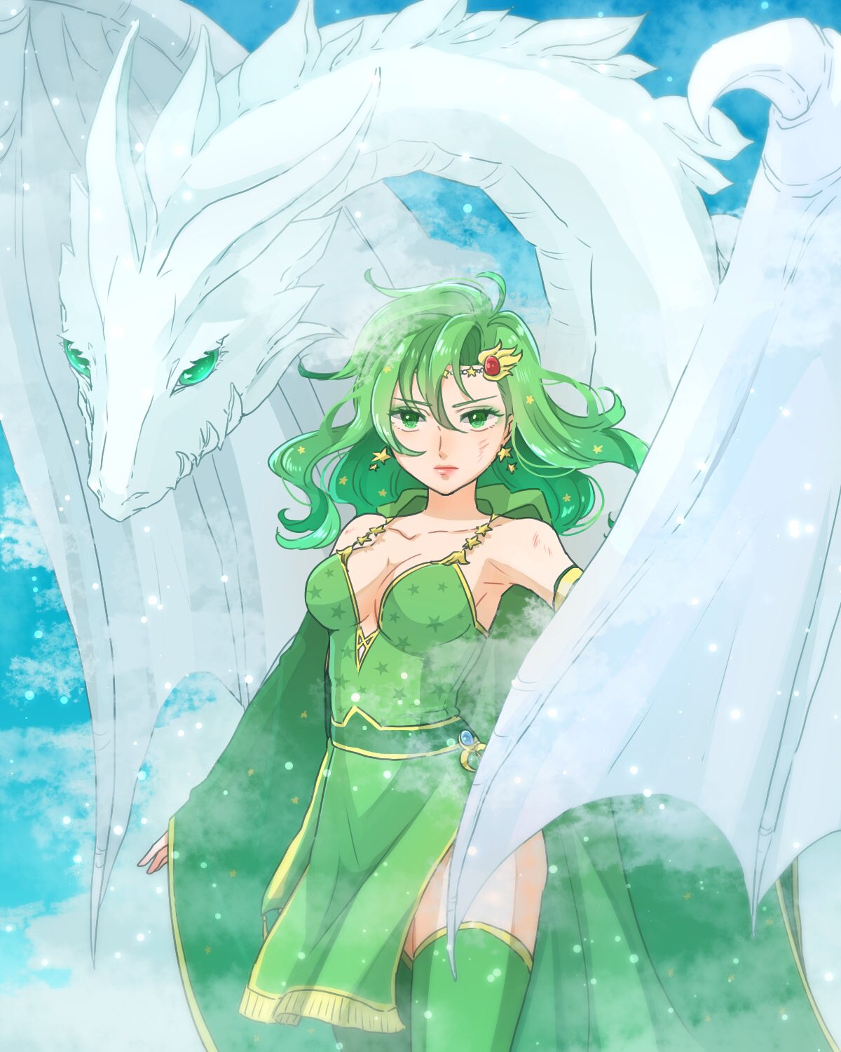 1girl bare_shoulders breasts cape cleavage closed_mouth collarbone detached_sleeves dragon dress earrings final_fantasy final_fantasy_iv green_cape green_dress green_hair green_legwear hair_ornament highres jewelry long_hair long_sleeves medium_breasts mist_dragon rydia sleeves_past_wrists star star_earrings star_hair_ornament star_print thighhighs toufu_(toufu_53) wide_sleeves