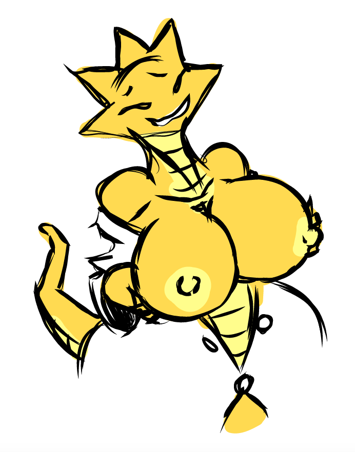 alphys anthro big_breasts big_butt breasts butt clothed clothing female flashing huge_breasts huge_butt humanoid kevemperor lizard nipples not_furry reptile scalie simple_background sketch smile solo thick_thighs undertale video_games white_background wide_hips