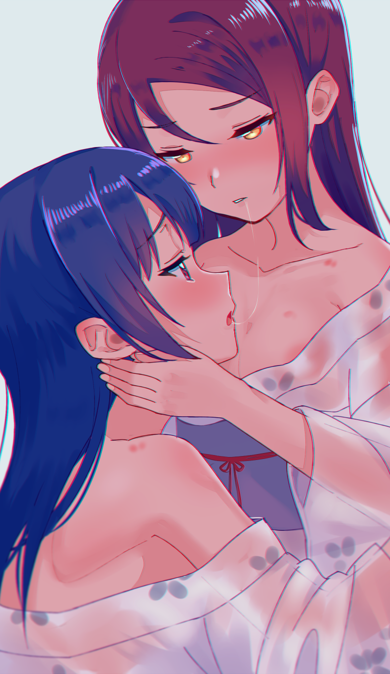 2girls after_kiss areolae bangs bath_yukata blue_hair chromatic_aberration clothes_down collarbone grey_background half-closed_eyes hand_on_another's_head hickey highres japanese_clothes kimono long_hair looking_at_another love_live! love_live!_sunshine!! multiple_girls obi open_mouth parted_lips purple_eyes red_hair sakurauchi_riko saliva saliva_trail sash see-through sellel tsushima_yoshiko upper_body white_kimono yukata yuri