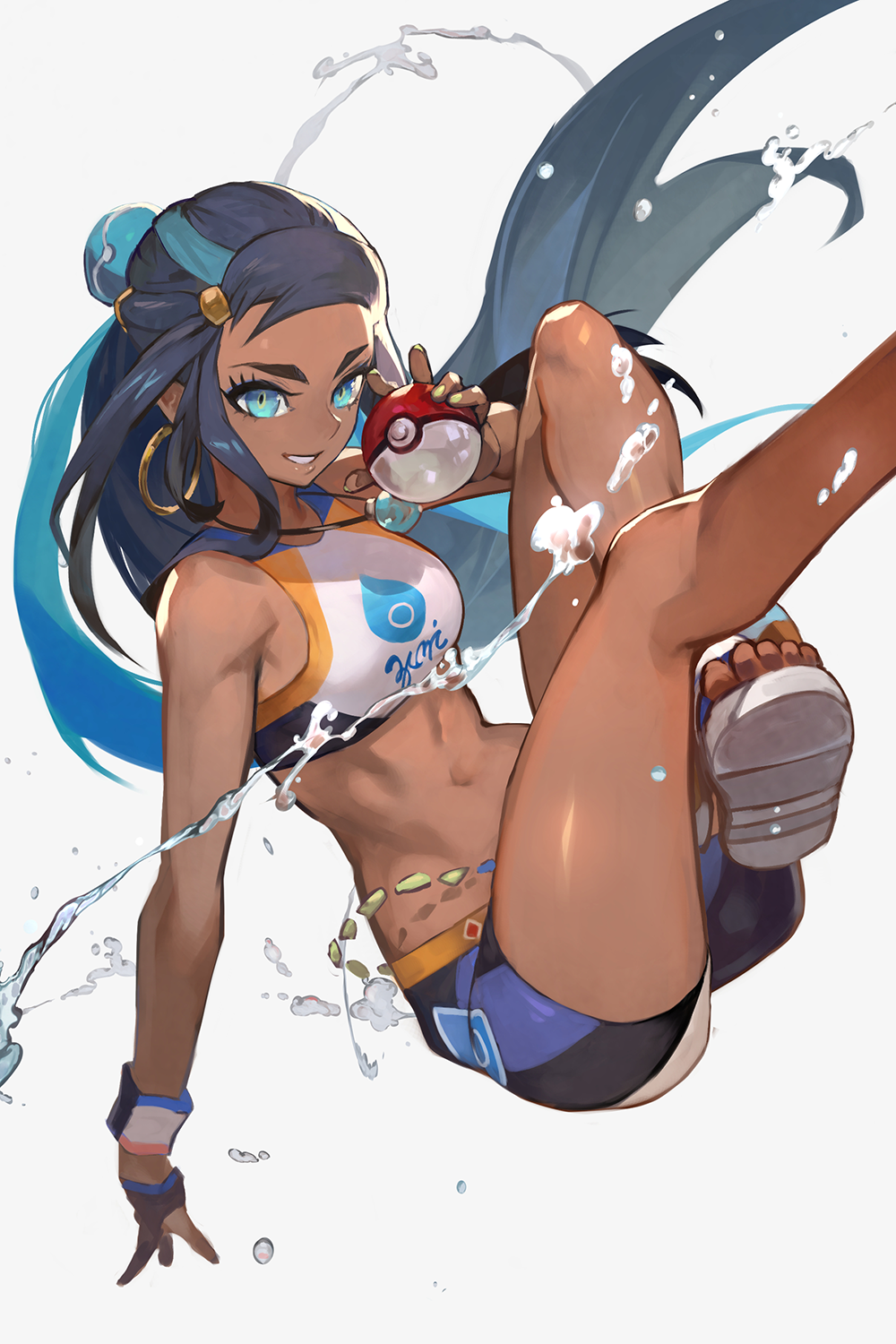 1girl bangs bare_arms bare_shoulders barefoot_sandals bike_shorts black_hair blue_eyes blue_hair commentary_request crossed_legs dark_skin earrings eyeliner feet_out_of_frame floating_hair forehead gloves green_eyes gym_leader hair_bun hair_ornament hand_up highres holding holding_poke_ball hoop_earrings jewelry lack legs legs_up lips long_hair looking_at_viewer makeup midriff multicolored multicolored_eyes multicolored_hair navel outstretched_arm partly_fingerless_gloves pendant poke_ball poke_ball_(generic) pokemon pokemon_(game) pokemon_swsh ponytail rurina_(pokemon) sandals shoe_soles shorts sidelocks single_glove smile solo sports_bra sportswear stomach swept_bangs toes very_long_hair water wristband