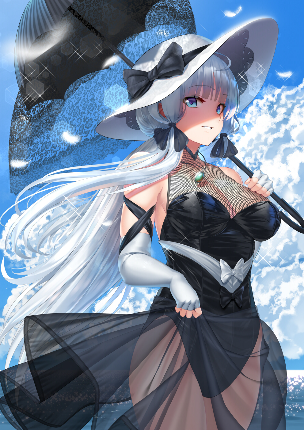 1girl animal_ears azur_lane baiyin bare_shoulders black_bow black_swimsuit blue_eyes blue_hair blue_sky blush bow breasts casual_one-piece_swimsuit cleavage cloud cowboy_shot day elbow_gloves eyebrows_visible_through_hair feathers fingerless_gloves fishnets gloves hat hat_bow highres holding holding_umbrella illustrious_(azur_lane) jewelry large_breasts lens_flare long_hair looking_at_viewer mole mole_under_eye necklace ocean one-piece_swimsuit outdoors parasol parted_lips pendant see-through shaded_face sky smile solo sun_hat swimsuit thighs umbrella very_long_hair water white_bow white_gloves white_headwear