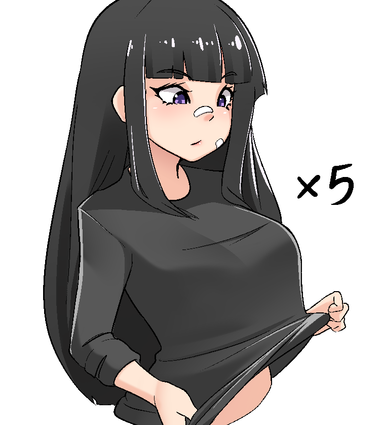 1girl 5 bandaid bandaid_on_face bandaid_on_nose bangs black_hair black_shirt blunt_bangs breasts commentary cropped_torso english_commentary eyebrows_visible_through_hair large_breasts lifted_by_self long_hair long_sleeves midriff_peek mochi_(chain_csn) number original purple_eyes shirt shirt_lift sidelocks simple_background solo upper_body white_background